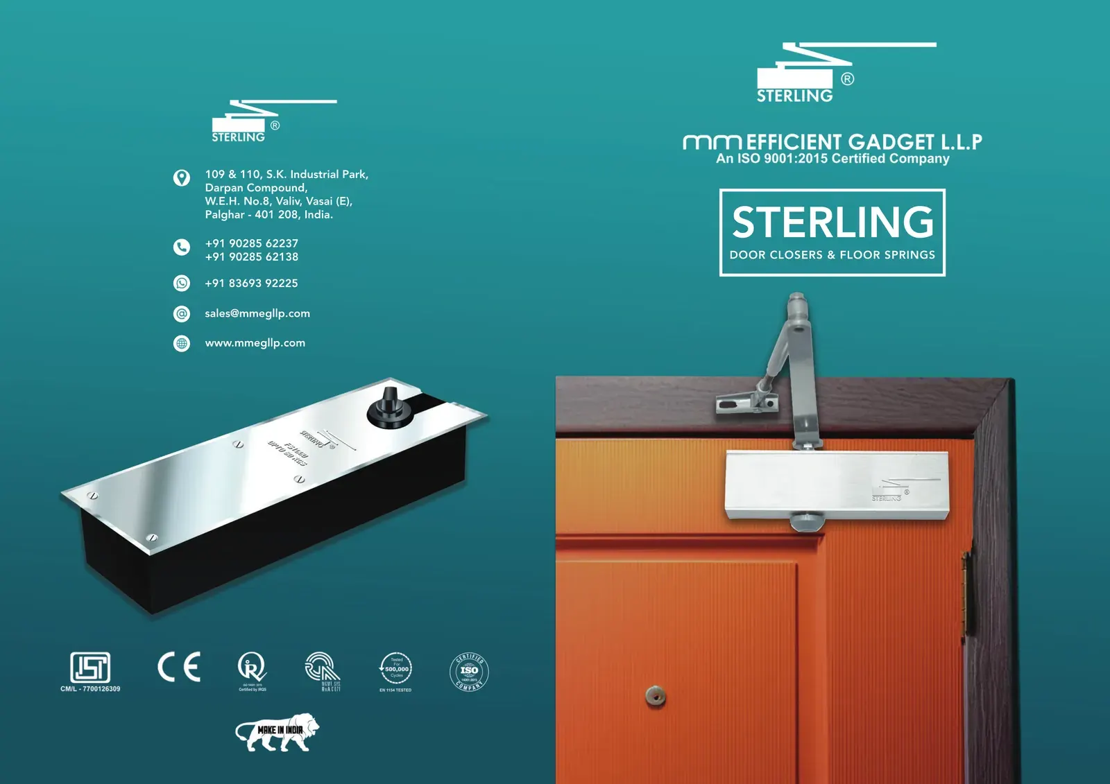 Sterling brochure, outer covers: on the front, the Sterling mark, MM Efficient Gadget LLP and a surface-mounted door closer on a door; on the back, a floor spring and the contact details