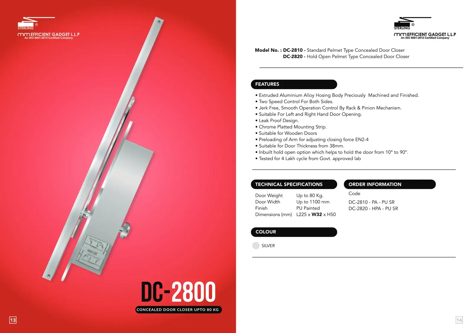 Sterling brochure spread for the DC 2800 concealed door closer: product photograph, features, technical specifications and order codes