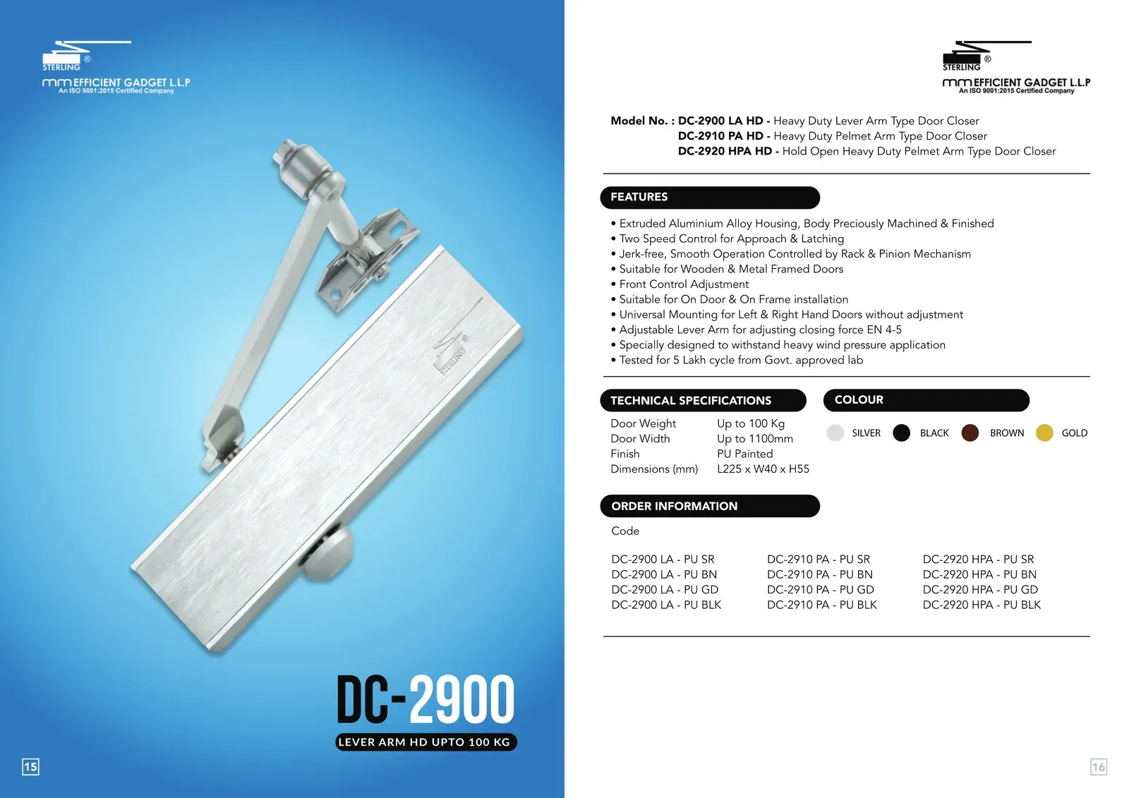 Sterling brochure spread for the DC 2900 surface-mounted door closer: product photograph, features, technical specifications and order codes