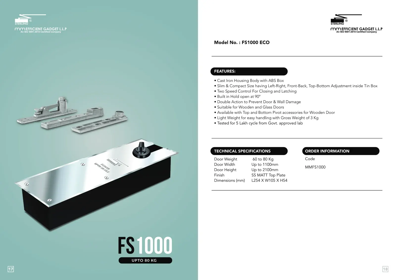 Sterling brochure spread for the FS 1000 floor spring: product photograph, features, technical specifications and order codes