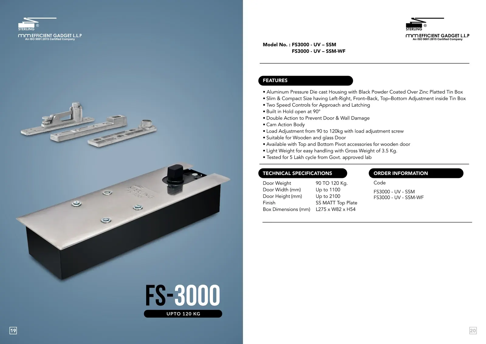 Sterling brochure spread for the FS 3000 floor spring: product photograph, features, technical specifications and order codes