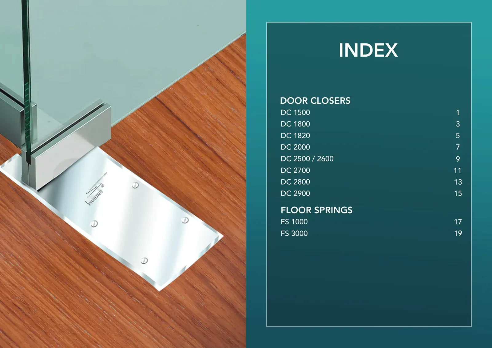 Sterling brochure, index spread: a floor spring top plate under a glass door, and the index of door closers and floor springs