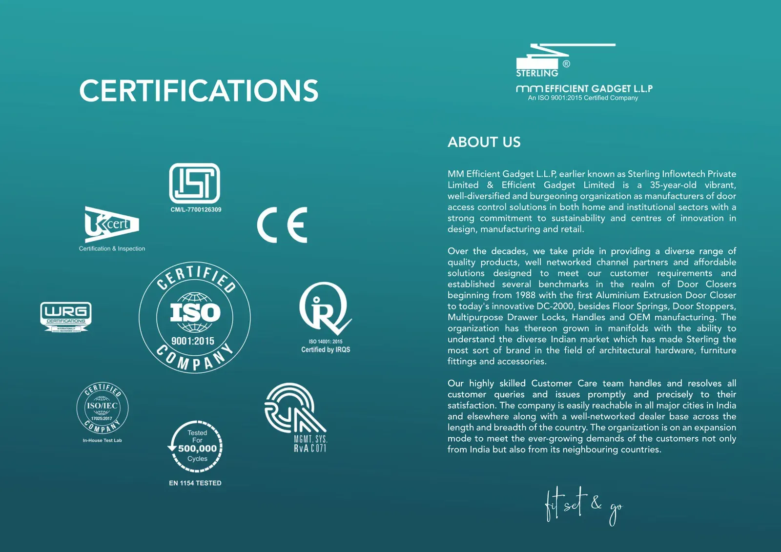 Sterling brochure, certification marks and the company profile of MM Efficient Gadget LLP