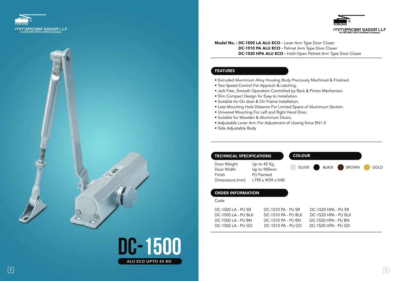 Sterling brochure spread for the DC 1500 surface-mounted door closer: product photograph, features, technical specifications and order codes