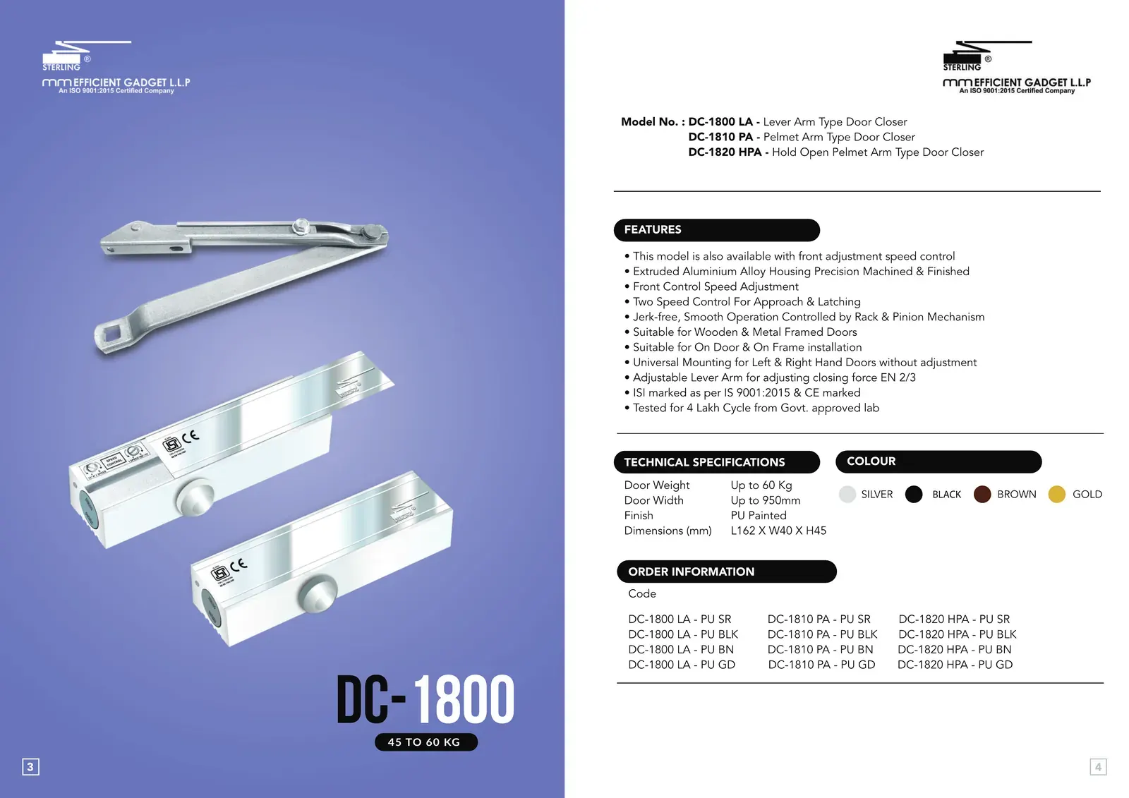 Sterling brochure spread for the DC 1800 LA surface-mounted door closer: product photograph, features, technical specifications and order codes