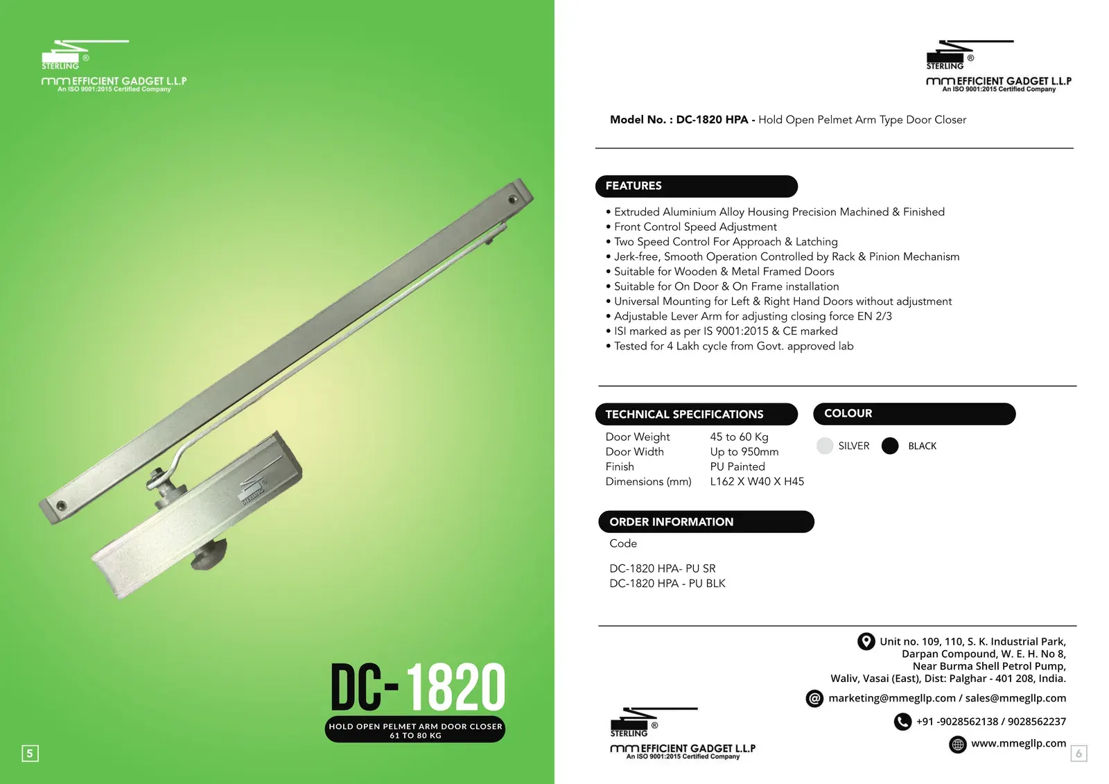 Sterling brochure spread for the DC 1820 surface-mounted door closer: product photograph, features, technical specifications and order codes