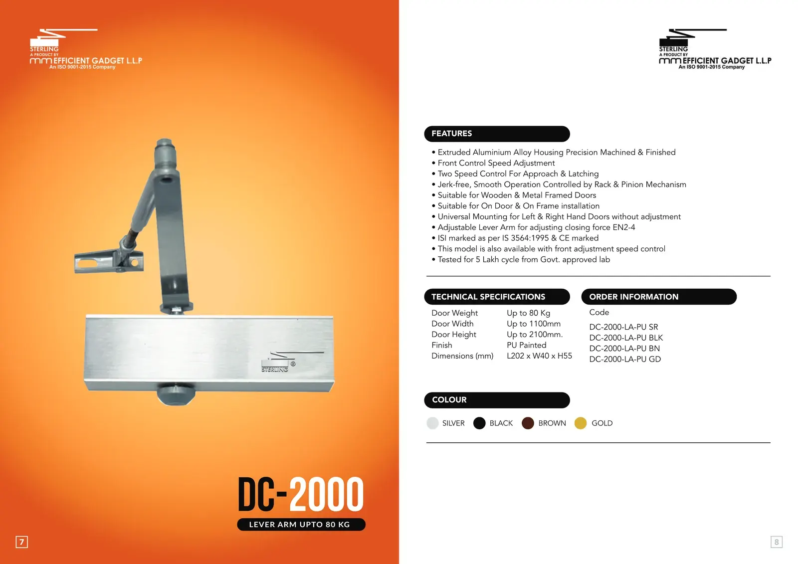 Sterling brochure spread for the DC 2000 surface-mounted door closer: product photograph, features, technical specifications and order codes