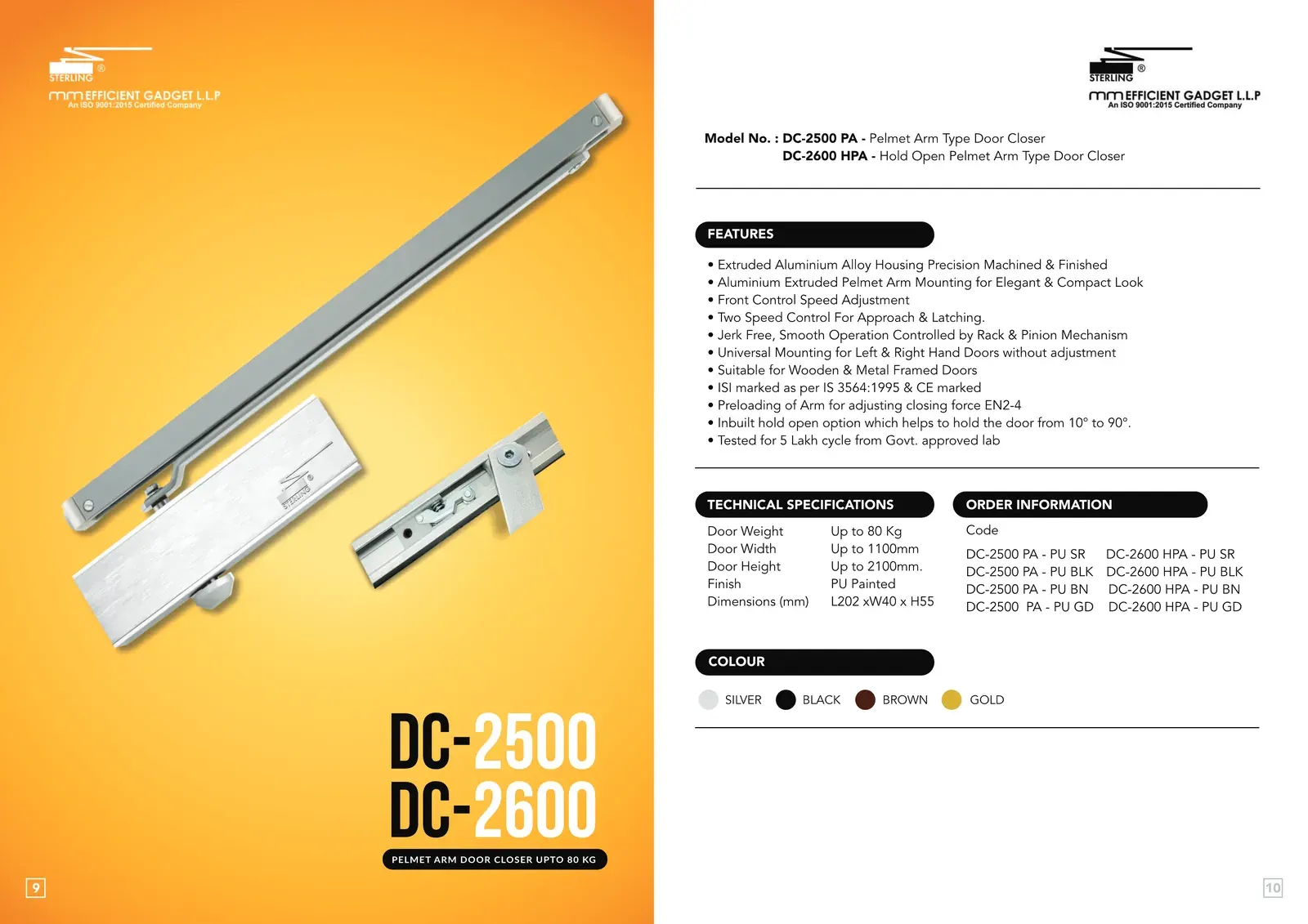 Sterling brochure spread for the DC 2600 surface-mounted door closer: product photograph, features, technical specifications and order codes