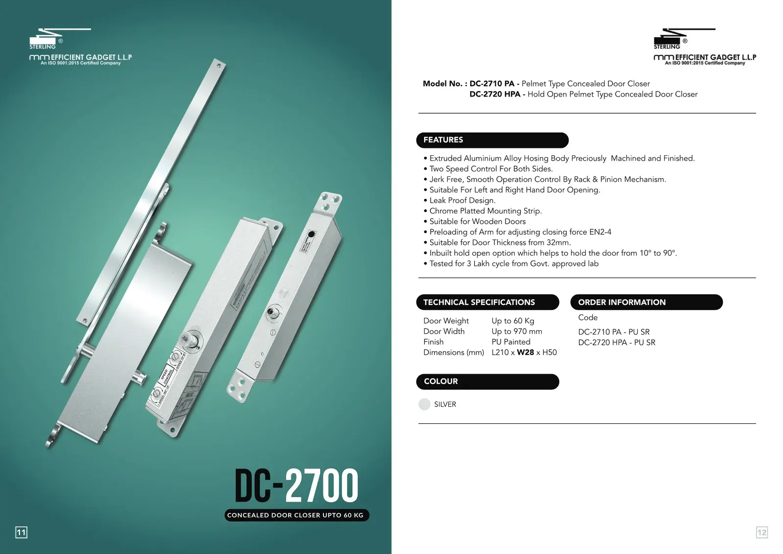 Sterling brochure spread for the DC 2700 concealed door closer: product photograph, features, technical specifications and order codes
