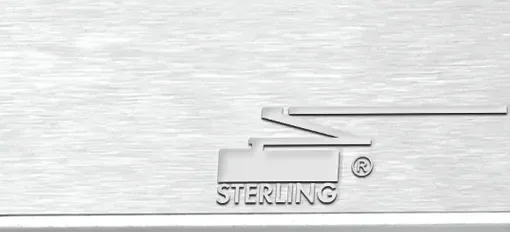 Sterling DC 2900 surface-mounted door closer in silver finish, close-up of the housing with the embossed Sterling mark