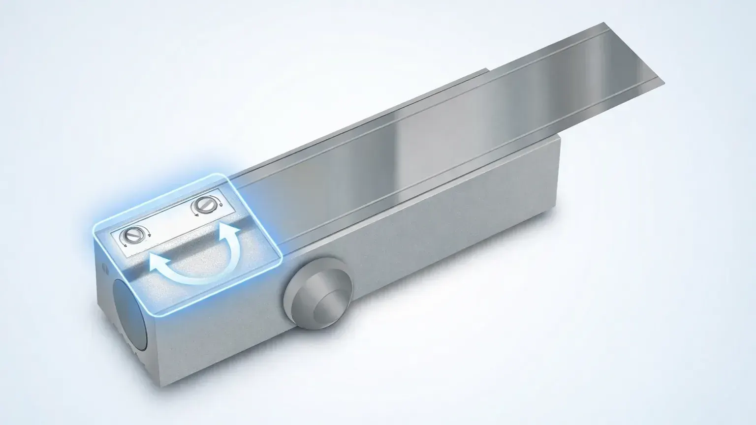 Rendered illustration of a silver door closer body with its two speed adjustment valves highlighted by a glowing frame and a curved arrow