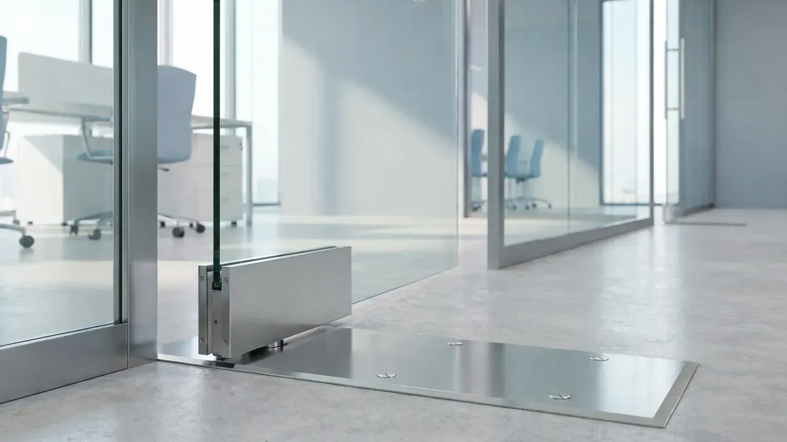 Rendered illustration of a frameless glass door on a floor spring, with a stainless steel bottom patch fitting and a plain stainless steel cover plate set into a concrete office floor
