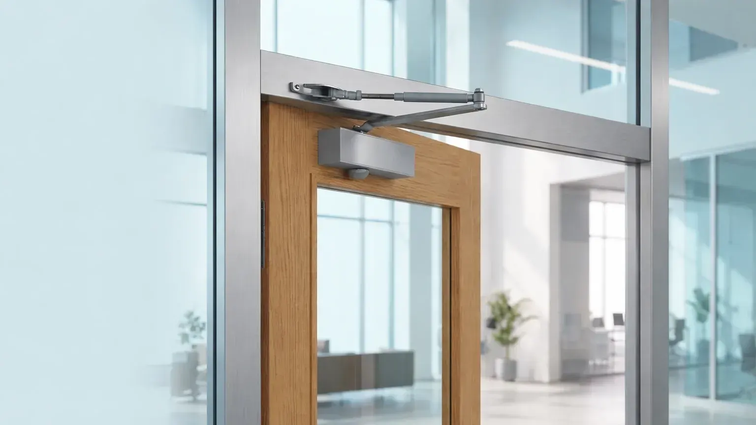 Rendered illustration of a silver overhead door closer with a standard arm on an oak framed glass door in an office with glass partitions