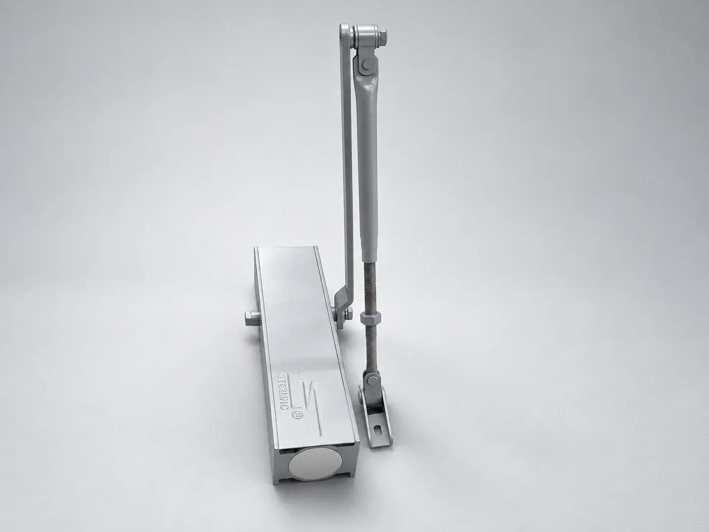 Sterling DC 2000 door closer body with lever arm, silver, three quarter view, studio photograph