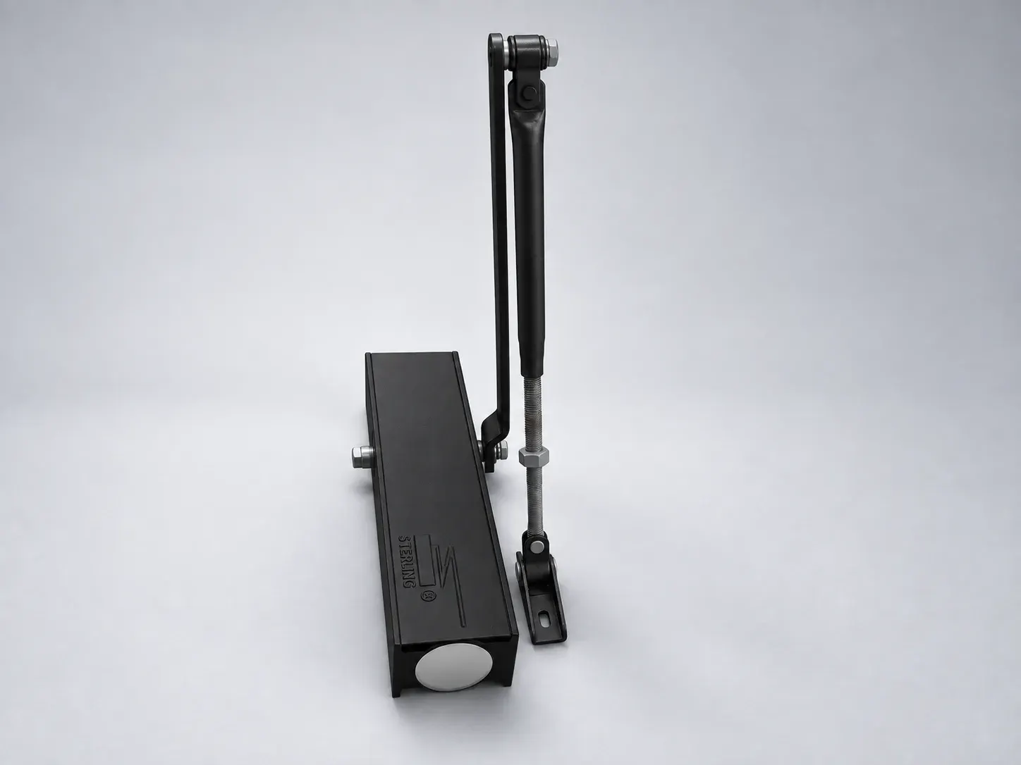 Sterling DC 2000 door closer with its lever arm raised, three quarter view from the end cap, digitally recoloured studio photograph showing the black finish