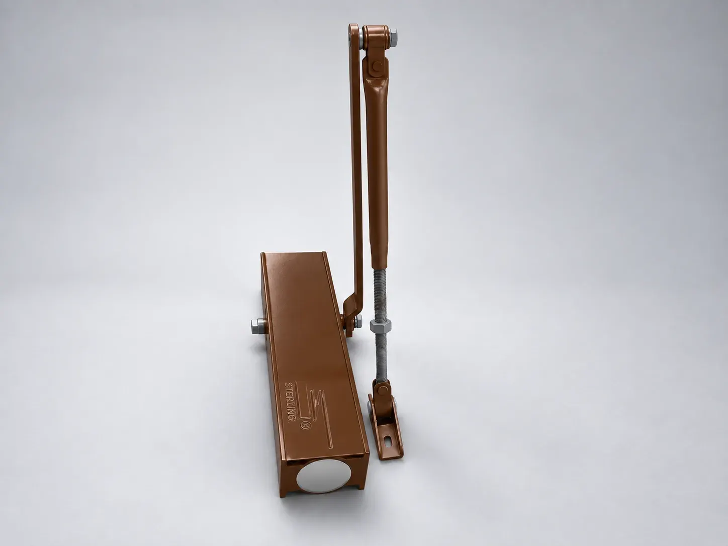 Sterling DC 2000 door closer with its lever arm raised, three quarter view from the end cap, digitally recoloured studio photograph showing the brown finish